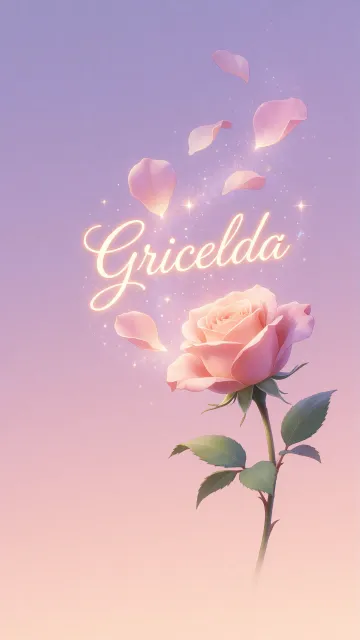 Gricelda diseño 8 - Fondo de Pantalla con degradado suave que transiciona de lila en la parte superior a melocotón y rosa pastel en la base, destacando una rosa rosada hiperrealista con tallo y hojas verdes. El nombre brilla en tipografía cursiva con efecto neón cálido, adornado con pétalos cayendo y chispas de luz mágica.