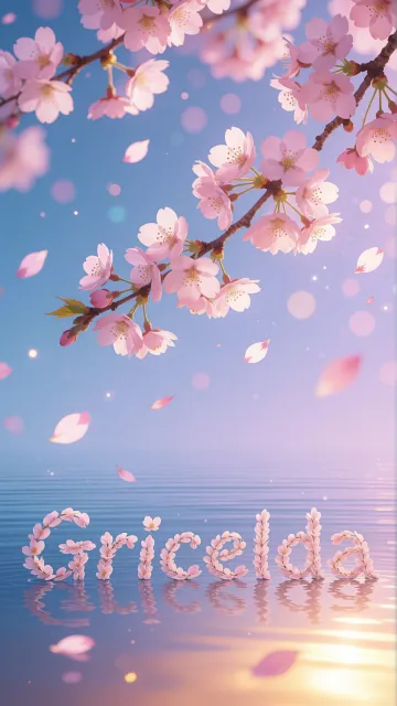 Gricelda diseño 9 - Composición serena y onírica con ramas de cerezo en flor (sakura) en la parte superior contra un cielo en degradado de azul suave y lila. Pétalos de color rosa pastel flotan delicadamente en el aire cayendo hacia una superficie de agua tranquila y cristalina. En el centro inferior, el nombre está formado por pétalos de flores con un sutil efecto de relieve 3D y tipografía floral, reflejándose sobre el agua que está iluminada por un cálido destello dorado de luz solar en la esquina inferior derecha.