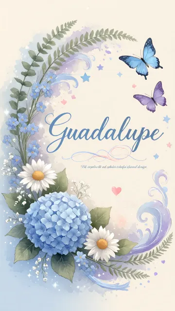 Guadalupe diseño 1 - Hortensias azules, flores pequeñas y acuarela suave con mariposas azules y brillo etéreo