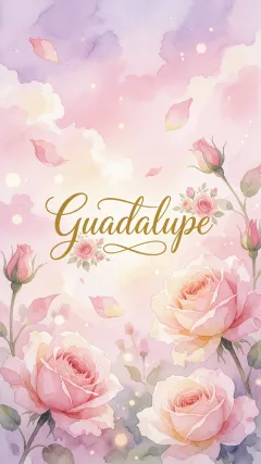 Guadalupe - Diseño estilo acuarela con un fondo etéreo y texturizado en nubes de tonos rosa pastel y lila suave. Presenta composiciones de rosas abiertas y capullos en los bordes inferior y superior, con pétalos cayendo delicadamente. Incorpora destellos de luz cálida (efecto bokeh) y, en el centro, resalta una tipografía elegante, cursiva y fluida en color dorado.