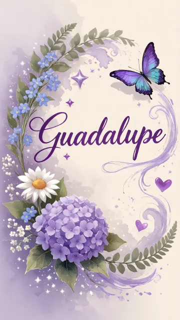 Guadalupe diseño 2 - Diseño elegante de hortensias en tonos lila y morados suaves, con volutas estilizadas y una mariposa mística que aporta un toque etéreo y mágico.