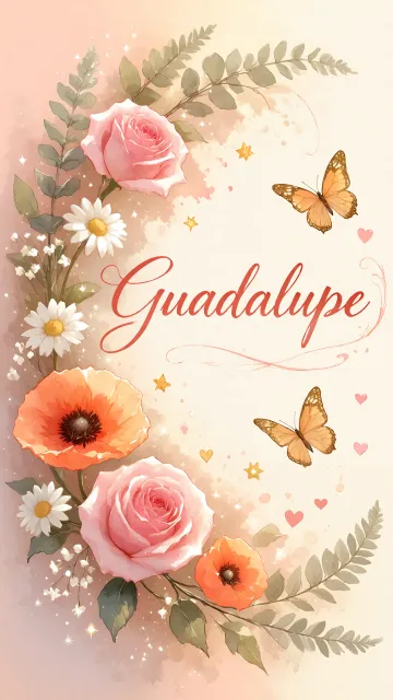 Guadalupe diseño 3 - Elegante composición de rosas rosadas y amapolas naranjas con mariposas doradas brillantes sobre un fondo cálido, romántico y mágico.