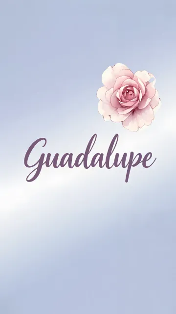 Guadalupe diseño 5 - Nombre en elegante tipografía cursiva caligráfica en tono lavanda, sobre fondo acuarela de cielo nublado en tonos pastel (azul, blanco, lavanda), decorado con rosa en acuarela de pétalos rosa pálido, blanco crema y lilas suaves con hojas en gris-verde.
