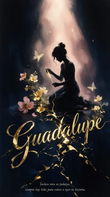 Guadalupe diseño 6 - Composición de ilustración semirrealista cinematográfica con silueta femenina tejiendo un hilo dorado de luz sobre un suelo oscuro fracturado al estilo Kintsugi, donde el nombre resalta en un prominente guión caligráfico dorado que emerge de las grietas, rodeado de flores blancas, mariposas y un fondo degradado de azules profundos iluminado por una luz celestial en tonos melocotón y crema, con una frase de aliento en tipografía blanca en la parte inferior.