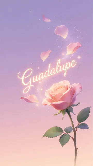 Guadalupe diseño 8 - Fondo de Pantalla con degradado suave que transiciona de lila en la parte superior a melocotón y rosa pastel en la base, destacando una rosa rosada hiperrealista con tallo y hojas verdes. El nombre brilla en tipografía cursiva con efecto neón cálido, adornado con pétalos cayendo y chispas de luz mágica.