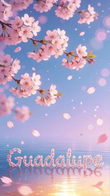 Guadalupe diseño 9 - Composición serena y onírica con ramas de cerezo en flor (sakura) en la parte superior contra un cielo en degradado de azul suave y lila. Pétalos de color rosa pastel flotan delicadamente en el aire cayendo hacia una superficie de agua tranquila y cristalina. En el centro inferior, el nombre está formado por pétalos de flores con un sutil efecto de relieve 3D y tipografía floral, reflejándose sobre el agua que está iluminada por un cálido destello dorado de luz solar en la esquina inferior derecha.