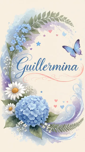 Guillermina diseño 1 - Hortensias azules, flores pequeñas y acuarela suave con mariposas azules y brillo etéreo