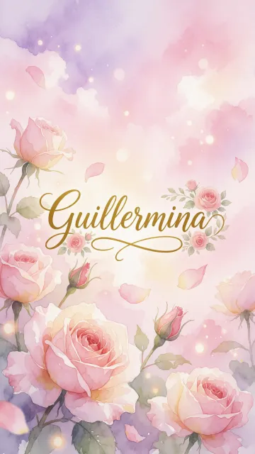 Guillermina diseño 10 - Diseño estilo acuarela con un fondo etéreo y texturizado en nubes de tonos rosa pastel y lila suave. Presenta composiciones de rosas abiertas y capullos en los bordes inferior y superior, con pétalos cayendo delicadamente. Incorpora destellos de luz cálida (efecto bokeh) y, en el centro, resalta una tipografía elegante, cursiva y fluida en color dorado.