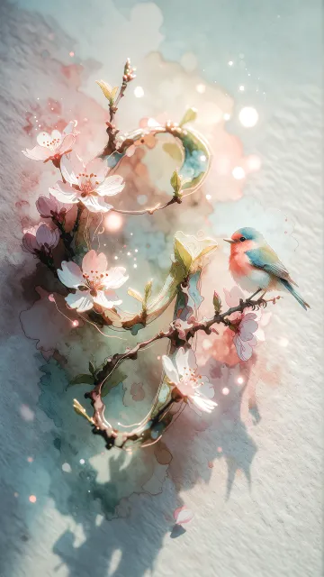 Guillermina diseño 11 - Un delicado diseño de estilo acuarela digital que combina una tipografía de caligrafía personalizada para el nombre en tonos dorados y rosados suaves, adornada con pequeñas hojas y brotes. Un pajarito azul y naranja vibrante está posado en una de las letras. Todo está rodeado por un marco circular de ramas de cerezo en flor con delicadas flores rosadas y blancas. El fondo es un lavado de acuarela difuminado en tonos pastel suaves de azul cerceta, rosa rubor y melocotón sobre una textura de papel rugoso, con destellos luminosos y motas de luz bokeh flotando alrededor, creando una atmósfera mágica y soñadora. Las sombras suaves proyectadas añaden profundidad.