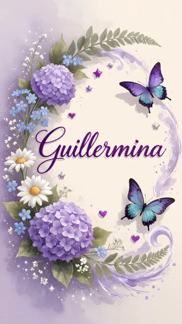 Guillermina diseño 2 - Diseño elegante de hortensias en tonos lila y morados suaves, con volutas estilizadas y una mariposa mística que aporta un toque etéreo y mágico.