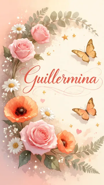 Guillermina diseño 3 - Elegante composición de rosas rosadas y amapolas naranjas con mariposas doradas brillantes sobre un fondo cálido, romántico y mágico.
