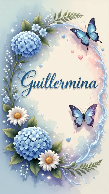 Guillermina diseño 4 - Composición magica con nombre en letra cursiva azul, rodeado de hortensias azules, margaritas blancas y delicadas flores silvestres, enmarcado por suaves remolinos de agua, mariposas azules y destellos estelares sobre un fondo etéreo y romántico.
