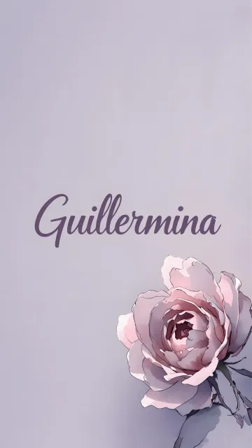 Guillermina diseño 5 - Nombre en elegante tipografía cursiva caligráfica en tono lavanda, sobre fondo acuarela de cielo nublado en tonos pastel (azul, blanco, lavanda), decorado con rosa en acuarela de pétalos rosa pálido, blanco crema y lilas suaves con hojas en gris-verde.