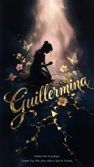 Guillermina diseño 6 - Composición de ilustración semirrealista cinematográfica con silueta femenina tejiendo un hilo dorado de luz sobre un suelo oscuro fracturado al estilo Kintsugi, donde el nombre resalta en un prominente guión caligráfico dorado que emerge de las grietas, rodeado de flores blancas, mariposas y un fondo degradado de azules profundos iluminado por una luz celestial en tonos melocotón y crema, con una frase de aliento en tipografía blanca en la parte inferior.