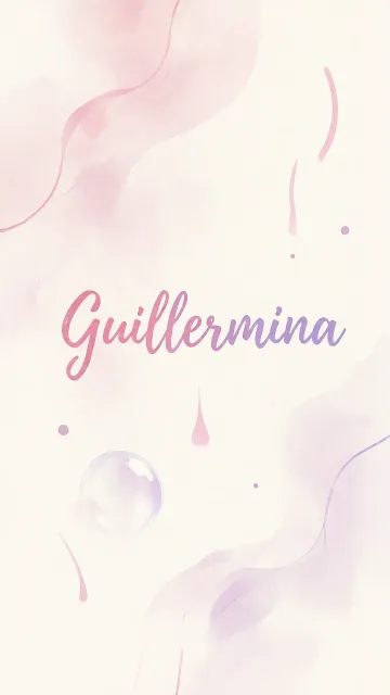 Guillermina diseño 7 - Diseño abstracto en acuarela sobre fondo crema, con manchas fluidas y etéreas en rosa pastel y lila, líneas curvas que aportan movimiento, pequeñas gotas salpicadas cayendo verticalmente y una burbuja translúcida en la parte superior izquierda. El nombre resalta al centro con una tipografía cursiva amplia y elegante en degradado rosa a morado.