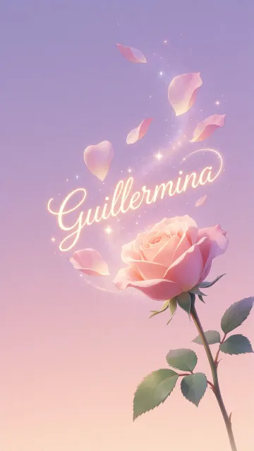 Guillermina diseño 8 - Fondo de Pantalla con degradado suave que transiciona de lila en la parte superior a melocotón y rosa pastel en la base, destacando una rosa rosada hiperrealista con tallo y hojas verdes. El nombre brilla en tipografía cursiva con efecto neón cálido, adornado con pétalos cayendo y chispas de luz mágica.