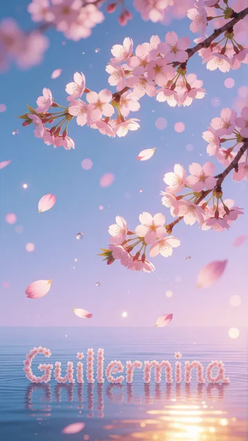 Guillermina diseño 9 - Composición serena y onírica con ramas de cerezo en flor (sakura) en la parte superior contra un cielo en degradado de azul suave y lila. Pétalos de color rosa pastel flotan delicadamente en el aire cayendo hacia una superficie de agua tranquila y cristalina. En el centro inferior, el nombre está formado por pétalos de flores con un sutil efecto de relieve 3D y tipografía floral, reflejándose sobre el agua que está iluminada por un cálido destello dorado de luz solar en la esquina inferior derecha.