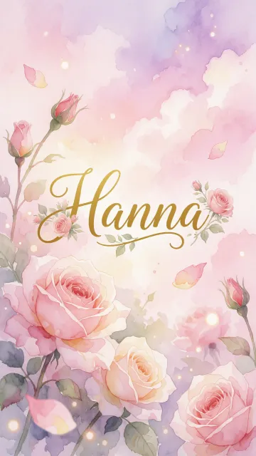 Hanna diseño 10 - Diseño estilo acuarela con un fondo etéreo y texturizado en nubes de tonos rosa pastel y lila suave. Presenta composiciones de rosas abiertas y capullos en los bordes inferior y superior, con pétalos cayendo delicadamente. Incorpora destellos de luz cálida (efecto bokeh) y, en el centro, resalta una tipografía elegante, cursiva y fluida en color dorado.
