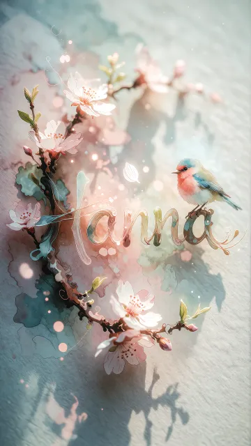 Hanna diseño 11 - Un delicado diseño de estilo acuarela digital que combina una tipografía de caligrafía personalizada para el nombre en tonos dorados y rosados suaves, adornada con pequeñas hojas y brotes. Un pajarito azul y naranja vibrante está posado en una de las letras. Todo está rodeado por un marco circular de ramas de cerezo en flor con delicadas flores rosadas y blancas. El fondo es un lavado de acuarela difuminado en tonos pastel suaves de azul cerceta, rosa rubor y melocotón sobre una textura de papel rugoso, con destellos luminosos y motas de luz bokeh flotando alrededor, creando una atmósfera mágica y soñadora. Las sombras suaves proyectadas añaden profundidad.