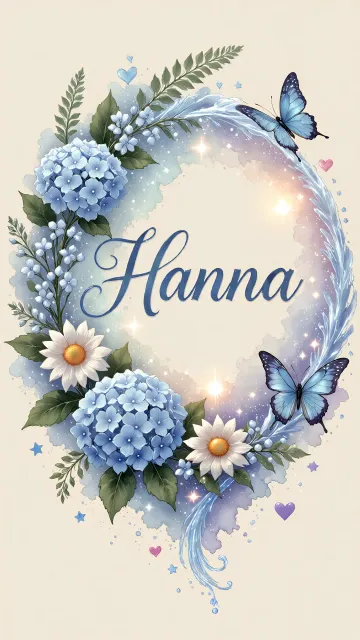 Hanna diseño 4 - Composición magica con nombre en letra cursiva azul, rodeado de hortensias azules, margaritas blancas y delicadas flores silvestres, enmarcado por suaves remolinos de agua, mariposas azules y destellos estelares sobre un fondo etéreo y romántico.