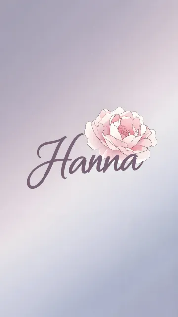 Hanna diseño 5 - Nombre en elegante tipografía cursiva caligráfica en tono lavanda, sobre fondo acuarela de cielo nublado en tonos pastel (azul, blanco, lavanda), decorado con rosa en acuarela de pétalos rosa pálido, blanco crema y lilas suaves con hojas en gris-verde.