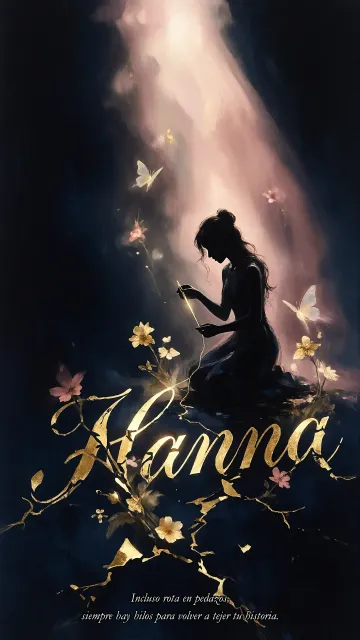 Hanna diseño 6 - Composición de ilustración semirrealista cinematográfica con silueta femenina tejiendo un hilo dorado de luz sobre un suelo oscuro fracturado al estilo Kintsugi, donde el nombre resalta en un prominente guión caligráfico dorado que emerge de las grietas, rodeado de flores blancas, mariposas y un fondo degradado de azules profundos iluminado por una luz celestial en tonos melocotón y crema, con una frase de aliento en tipografía blanca en la parte inferior.