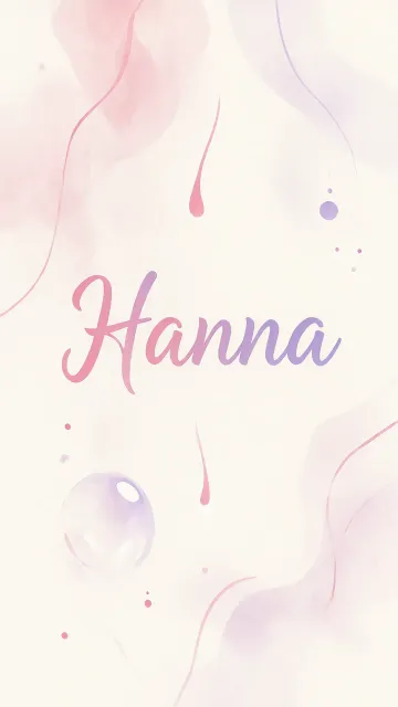 Hanna diseño 7 - Diseño abstracto en acuarela sobre fondo crema, con manchas fluidas y etéreas en rosa pastel y lila, líneas curvas que aportan movimiento, pequeñas gotas salpicadas cayendo verticalmente y una burbuja translúcida en la parte superior izquierda. El nombre resalta al centro con una tipografía cursiva amplia y elegante en degradado rosa a morado.