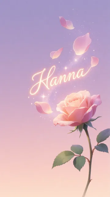 Hanna diseño 8 - Fondo de Pantalla con degradado suave que transiciona de lila en la parte superior a melocotón y rosa pastel en la base, destacando una rosa rosada hiperrealista con tallo y hojas verdes. El nombre brilla en tipografía cursiva con efecto neón cálido, adornado con pétalos cayendo y chispas de luz mágica.