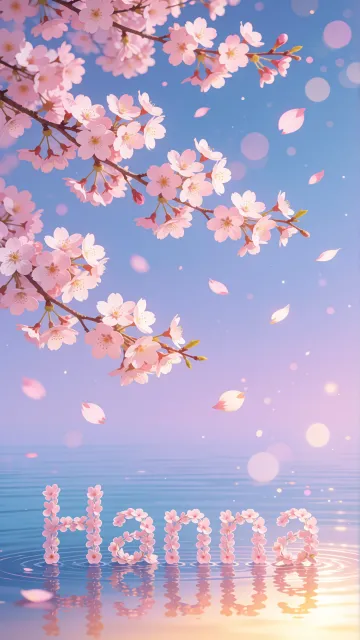 Hanna diseño 9 - Composición serena y onírica con ramas de cerezo en flor (sakura) en la parte superior contra un cielo en degradado de azul suave y lila. Pétalos de color rosa pastel flotan delicadamente en el aire cayendo hacia una superficie de agua tranquila y cristalina. En el centro inferior, el nombre está formado por pétalos de flores con un sutil efecto de relieve 3D y tipografía floral, reflejándose sobre el agua que está iluminada por un cálido destello dorado de luz solar en la esquina inferior derecha.