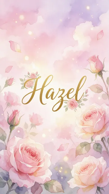Hazel diseño 10 - Diseño estilo acuarela con un fondo etéreo y texturizado en nubes de tonos rosa pastel y lila suave. Presenta composiciones de rosas abiertas y capullos en los bordes inferior y superior, con pétalos cayendo delicadamente. Incorpora destellos de luz cálida (efecto bokeh) y, en el centro, resalta una tipografía elegante, cursiva y fluida en color dorado.