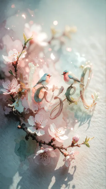 Hazel diseño 11 - Un delicado diseño de estilo acuarela digital que combina una tipografía de caligrafía personalizada para el nombre en tonos dorados y rosados suaves, adornada con pequeñas hojas y brotes. Un pajarito azul y naranja vibrante está posado en una de las letras. Todo está rodeado por un marco circular de ramas de cerezo en flor con delicadas flores rosadas y blancas. El fondo es un lavado de acuarela difuminado en tonos pastel suaves de azul cerceta, rosa rubor y melocotón sobre una textura de papel rugoso, con destellos luminosos y motas de luz bokeh flotando alrededor, creando una atmósfera mágica y soñadora. Las sombras suaves proyectadas añaden profundidad.