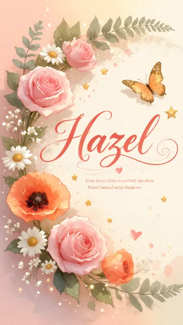 Hazel diseño 3 - Elegante composición de rosas rosadas y amapolas naranjas con mariposas doradas brillantes sobre un fondo cálido, romántico y mágico.