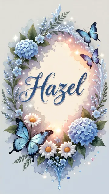 Hazel diseño 4 - Composición magica con nombre en letra cursiva azul, rodeado de hortensias azules, margaritas blancas y delicadas flores silvestres, enmarcado por suaves remolinos de agua, mariposas azules y destellos estelares sobre un fondo etéreo y romántico.