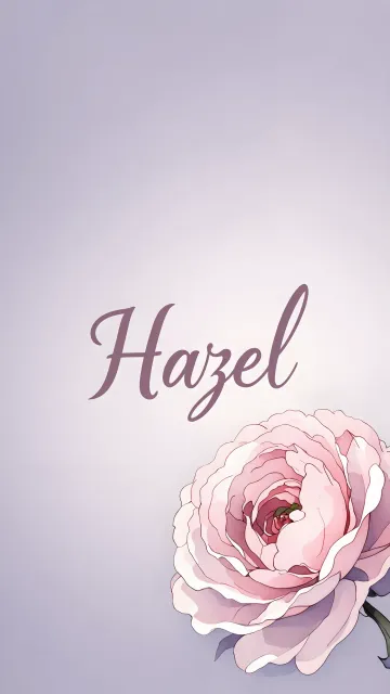 Hazel diseño 5 - Nombre en elegante tipografía cursiva caligráfica en tono lavanda, sobre fondo acuarela de cielo nublado en tonos pastel (azul, blanco, lavanda), decorado con rosa en acuarela de pétalos rosa pálido, blanco crema y lilas suaves con hojas en gris-verde.