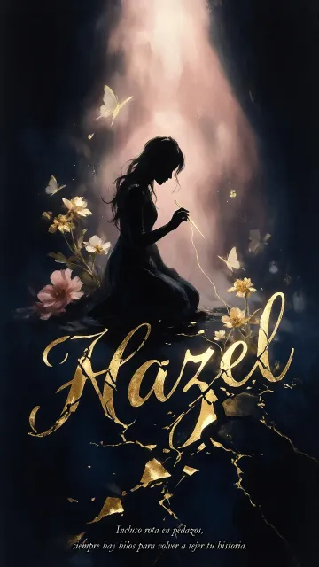 Hazel diseño 6 - Composición de ilustración semirrealista cinematográfica con silueta femenina tejiendo un hilo dorado de luz sobre un suelo oscuro fracturado al estilo Kintsugi, donde el nombre resalta en un prominente guión caligráfico dorado que emerge de las grietas, rodeado de flores blancas, mariposas y un fondo degradado de azules profundos iluminado por una luz celestial en tonos melocotón y crema, con una frase de aliento en tipografía blanca en la parte inferior.