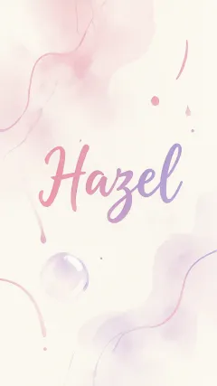 Hazel - Diseño abstracto en acuarela sobre fondo crema, con manchas fluidas y etéreas en rosa pastel y lila, líneas curvas que aportan movimiento, pequeñas gotas salpicadas cayendo verticalmente y una burbuja translúcida en la parte superior izquierda. El nombre resalta al centro con una tipografía cursiva amplia y elegante en degradado rosa a morado.