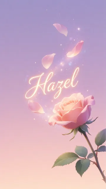 Hazel diseño 8 - Fondo de Pantalla con degradado suave que transiciona de lila en la parte superior a melocotón y rosa pastel en la base, destacando una rosa rosada hiperrealista con tallo y hojas verdes. El nombre brilla en tipografía cursiva con efecto neón cálido, adornado con pétalos cayendo y chispas de luz mágica.