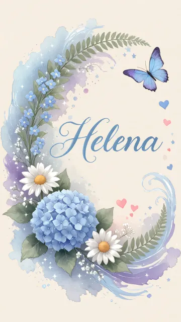 Helena diseño 1 - Hortensias azules, flores pequeñas y acuarela suave con mariposas azules y brillo etéreo