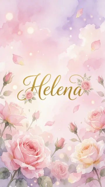 Helena diseño 10 - Diseño estilo acuarela con un fondo etéreo y texturizado en nubes de tonos rosa pastel y lila suave. Presenta composiciones de rosas abiertas y capullos en los bordes inferior y superior, con pétalos cayendo delicadamente. Incorpora destellos de luz cálida (efecto bokeh) y, en el centro, resalta una tipografía elegante, cursiva y fluida en color dorado.