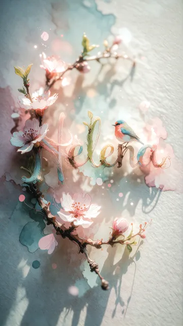 Helena diseño 11 - Un delicado diseño de estilo acuarela digital que combina una tipografía de caligrafía personalizada para el nombre en tonos dorados y rosados suaves, adornada con pequeñas hojas y brotes. Un pajarito azul y naranja vibrante está posado en una de las letras. Todo está rodeado por un marco circular de ramas de cerezo en flor con delicadas flores rosadas y blancas. El fondo es un lavado de acuarela difuminado en tonos pastel suaves de azul cerceta, rosa rubor y melocotón sobre una textura de papel rugoso, con destellos luminosos y motas de luz bokeh flotando alrededor, creando una atmósfera mágica y soñadora. Las sombras suaves proyectadas añaden profundidad.