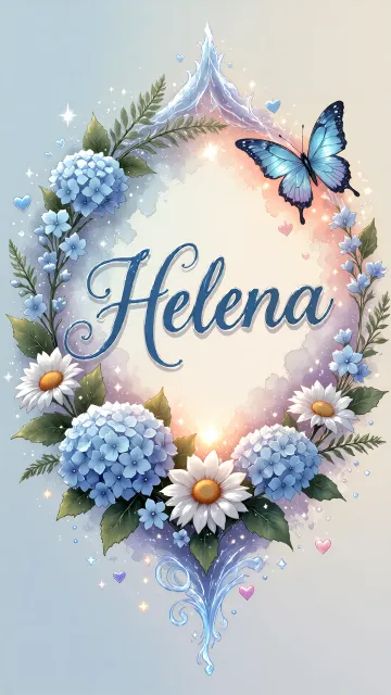 Helena diseño 4 - Composición magica con nombre en letra cursiva azul, rodeado de hortensias azules, margaritas blancas y delicadas flores silvestres, enmarcado por suaves remolinos de agua, mariposas azules y destellos estelares sobre un fondo etéreo y romántico.