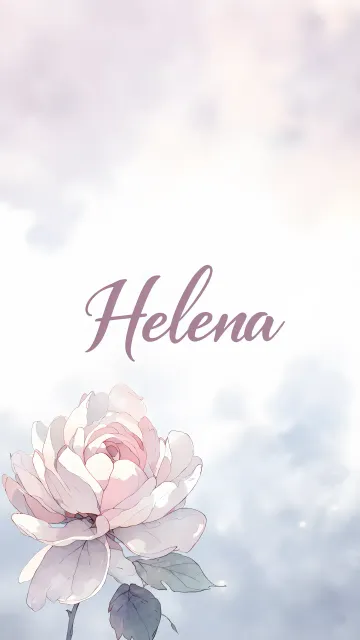 Helena diseño 5 - Nombre en elegante tipografía cursiva caligráfica en tono lavanda, sobre fondo acuarela de cielo nublado en tonos pastel (azul, blanco, lavanda), decorado con rosa en acuarela de pétalos rosa pálido, blanco crema y lilas suaves con hojas en gris-verde.