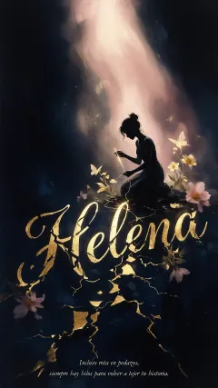 Helena - Composición de ilustración semirrealista cinematográfica con silueta femenina tejiendo un hilo dorado de luz sobre un suelo oscuro fracturado al estilo Kintsugi, donde el nombre resalta en un prominente guión caligráfico dorado que emerge de las grietas, rodeado de flores blancas, mariposas y un fondo degradado de azules profundos iluminado por una luz celestial en tonos melocotón y crema, con una frase de aliento en tipografía blanca en la parte inferior.