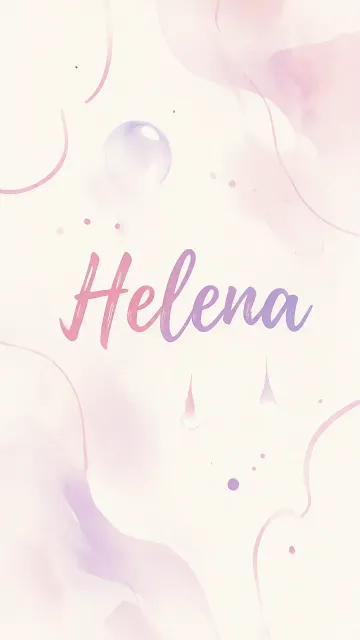 Helena diseño 7 - Diseño abstracto en acuarela sobre fondo crema, con manchas fluidas y etéreas en rosa pastel y lila, líneas curvas que aportan movimiento, pequeñas gotas salpicadas cayendo verticalmente y una burbuja translúcida en la parte superior izquierda. El nombre resalta al centro con una tipografía cursiva amplia y elegante en degradado rosa a morado.