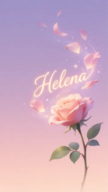 Helena diseño 8 - Fondo de Pantalla con degradado suave que transiciona de lila en la parte superior a melocotón y rosa pastel en la base, destacando una rosa rosada hiperrealista con tallo y hojas verdes. El nombre brilla en tipografía cursiva con efecto neón cálido, adornado con pétalos cayendo y chispas de luz mágica.