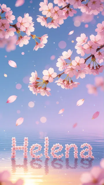 Helena diseño 9 - Composición serena y onírica con ramas de cerezo en flor (sakura) en la parte superior contra un cielo en degradado de azul suave y lila. Pétalos de color rosa pastel flotan delicadamente en el aire cayendo hacia una superficie de agua tranquila y cristalina. En el centro inferior, el nombre está formado por pétalos de flores con un sutil efecto de relieve 3D y tipografía floral, reflejándose sobre el agua que está iluminada por un cálido destello dorado de luz solar en la esquina inferior derecha.