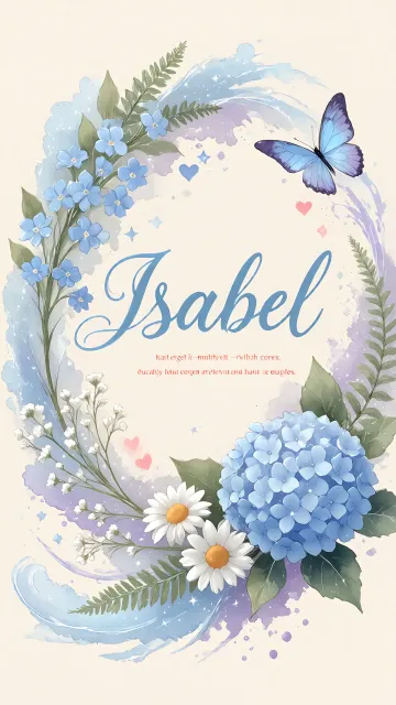 Isabel diseño 1 - Hortensias azules, flores pequeñas y acuarela suave con mariposas azules y brillo etéreo
