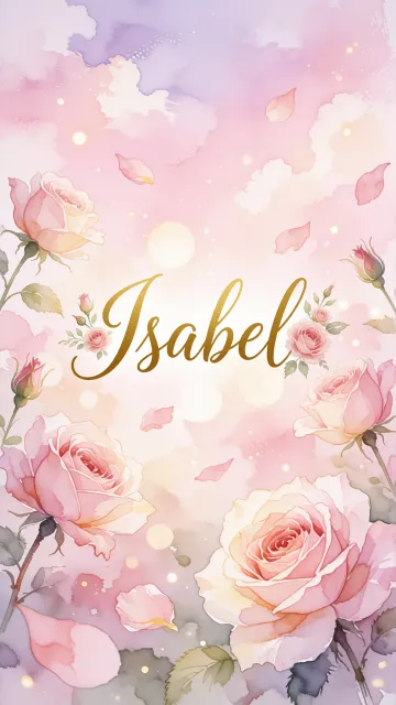 Isabel diseño 10 - Diseño estilo acuarela con un fondo etéreo y texturizado en nubes de tonos rosa pastel y lila suave. Presenta composiciones de rosas abiertas y capullos en los bordes inferior y superior, con pétalos cayendo delicadamente. Incorpora destellos de luz cálida (efecto bokeh) y, en el centro, resalta una tipografía elegante, cursiva y fluida en color dorado.