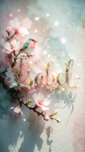 Isabel diseño 11 - Un delicado diseño de estilo acuarela digital que combina una tipografía de caligrafía personalizada para el nombre en tonos dorados y rosados suaves, adornada con pequeñas hojas y brotes. Un pajarito azul y naranja vibrante está posado en una de las letras. Todo está rodeado por un marco circular de ramas de cerezo en flor con delicadas flores rosadas y blancas. El fondo es un lavado de acuarela difuminado en tonos pastel suaves de azul cerceta, rosa rubor y melocotón sobre una textura de papel rugoso, con destellos luminosos y motas de luz bokeh flotando alrededor, creando una atmósfera mágica y soñadora. Las sombras suaves proyectadas añaden profundidad.