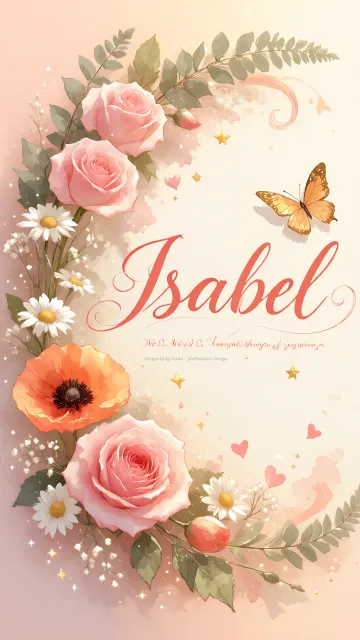 Isabel diseño 3 - Elegante composición de rosas rosadas y amapolas naranjas con mariposas doradas brillantes sobre un fondo cálido, romántico y mágico.